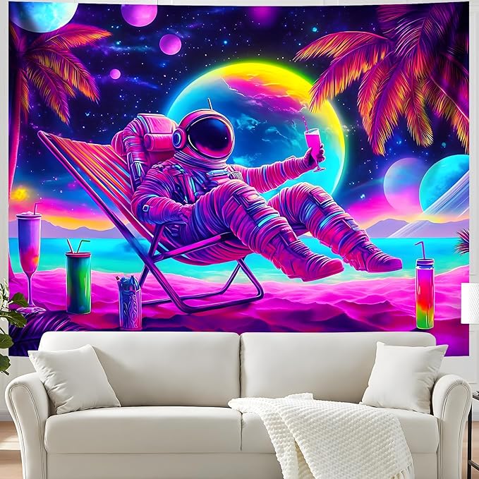 BVBOX Blacklight Space Astronaut Tapestry UV Reactive Galaxy Planet Glow in Dark Tapestries Black Light Poster Neon Wall Hanging Art for bedroom Living Room (Astronaut recliner-1M)