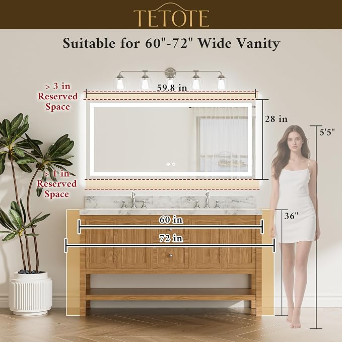 60 x 28 LED Lighted Bathroom Mirror with Lights, Brighter Front and Backlit Light up Mirror for Bathroom Vanity Wall, 3-Color Dimmable Illuminated Antifog Mirror, Waterproof, Tempered Glass