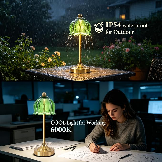 Set of 2 Vintage Cordless Green Glass Tulip Table Lamps, Accent Light