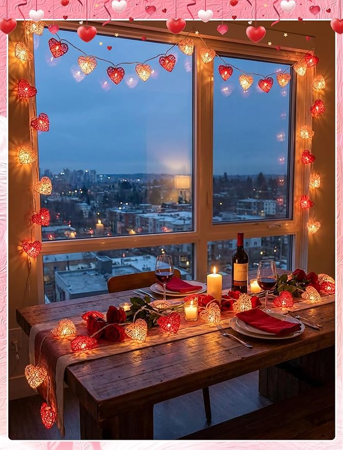 8.5ft Valentine’s Day Heart String Lights Plug in, Valentines Decoration | 10 LED Red White Shatterproof Vintage Rattan, Indoor Fairy Lights for Home Decor Wedding Outdoor Party, Warm White