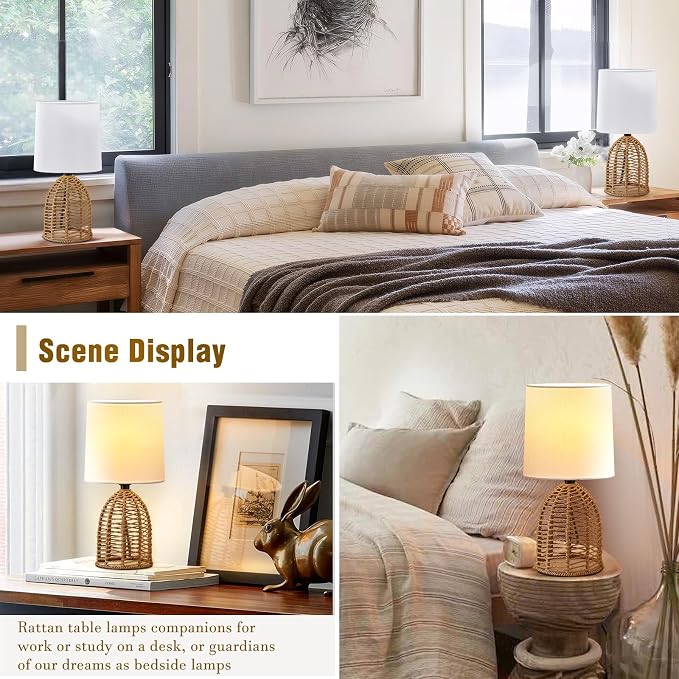 EJIAXIN Rattan Lamp Boho Lamps Set of 2-13.75" Mini Farmhouse Table Lamp Rustic End Table Decorative Small Lamps for Small Spaces Bedroom Nightstand Living Room Reading Desk Side Table Lamp