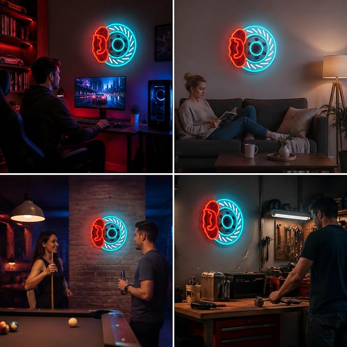 Brake Disc Neon Sign, USB Powered LED Garage Wall Decor |Automotive Wall Decor for Garage, Game Room, Bedroom, Workshop, Party Decoration and Car Enthusiast Gift