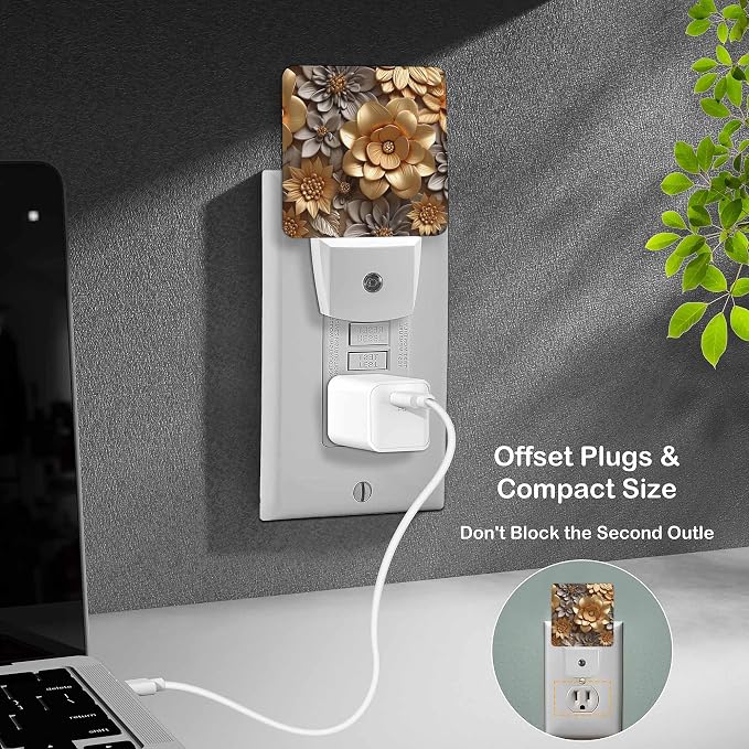 LED Night Light Lamp with Smart Sensor Dusk to Dawn Sensor,Abstract Artistic Floral Golden Brushstrokes Night Light Daylight White,0.5W Plug-into Wall for Adults,Bedroom,Hallway,Kitchen