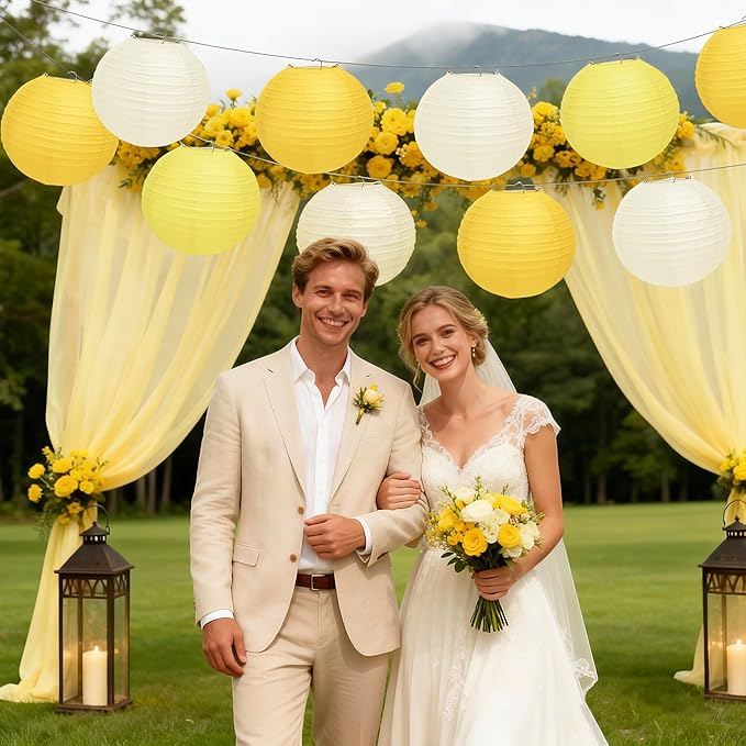 12 Pcs Yellow Paper Lanterns, 10" Hanging Paper Lanterns, Yellow Party Decorations for Engagement Wedding Sunshine Birthday Party Classroom Home Decor