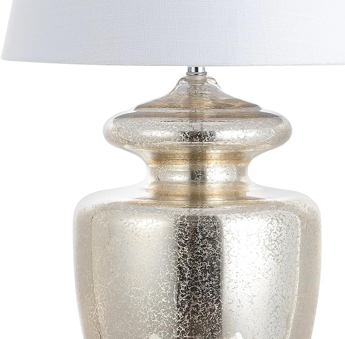 JONATHAN Y Hughes 31" Glass Table Lamp, Mercury Silver/Ivory | Contemporary Urn Bedside Lighting for Living Room, White Linen Drum Shade, Chrome Metal Base, LED Bulb Included