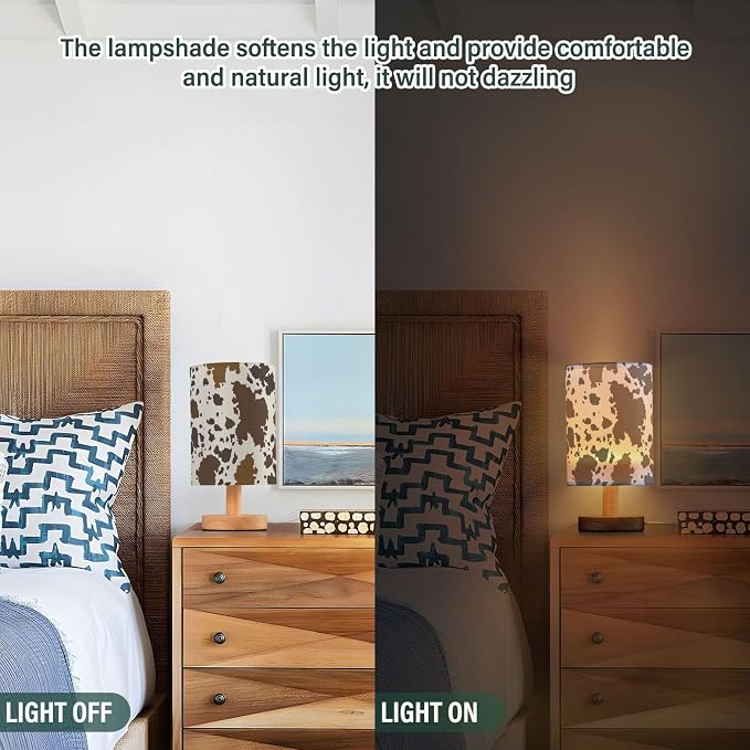 Table Lamp Cow Skin Brown Cowhide Pattern Nightstand Lamp with Wood Base Fabric Lamp Shade Bedside Desk Lamp for Living Room Bedroom Kids Room Office