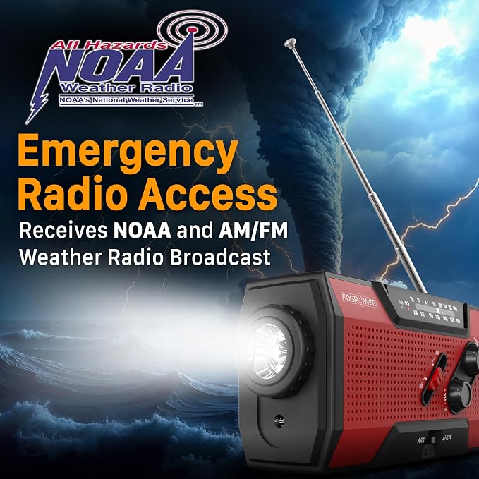 FosPower NOAA Emergency Weather Radio A1 7400mWh Portable Power Bank, AM/FM, USB/Solar/Hand Crank Charging, Battery Operated, SOS Alarm & Flashlight for Indoor/Outdoor Emergency - Red