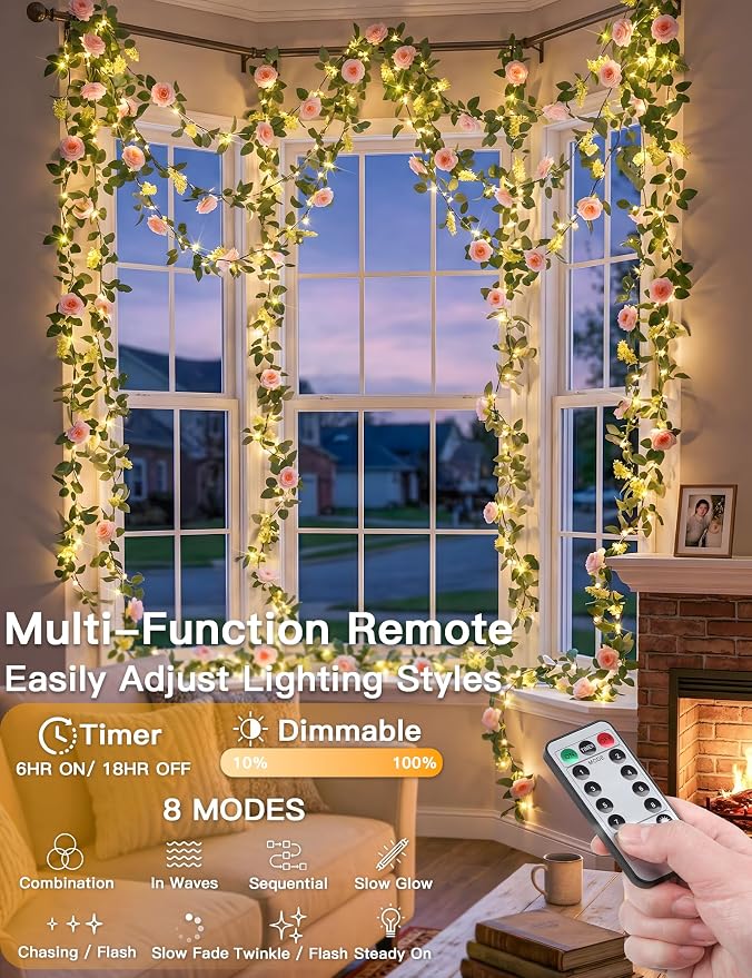 60LED Garland with Pink Camellia Lights Battery Operated Clear Wire | Vines String Lights with Remote,Artificial Fake Flowers leaf Lights for Wedding,Bedroom,Centerpieces Decor(Warm White)