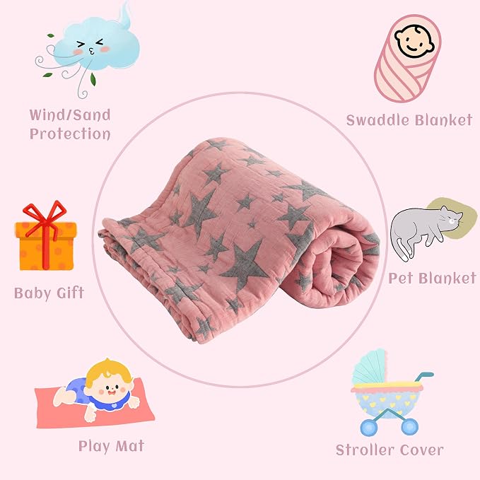NTBAY 3 Layer Muslin Toddler Blanket, 30 x 40, Red and Black Star | Breathable Muslin Cotton Outer Layers with Light Thermal Fill, Reversible for Stroller, Daycare, Travel, and Supervised Use