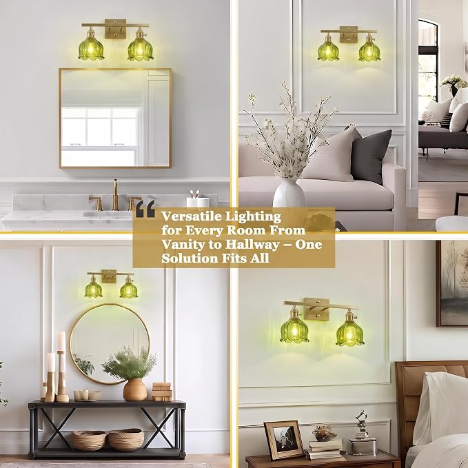 3-Light Vintage Bathroom Vanity Light, 19.4" Brass Hardwired Wall Sconce with Amber Tulip Glass Shades, Brushed Gold Vanity Light for Mirror, Restroom, Bedroom (Green, 2-Light)