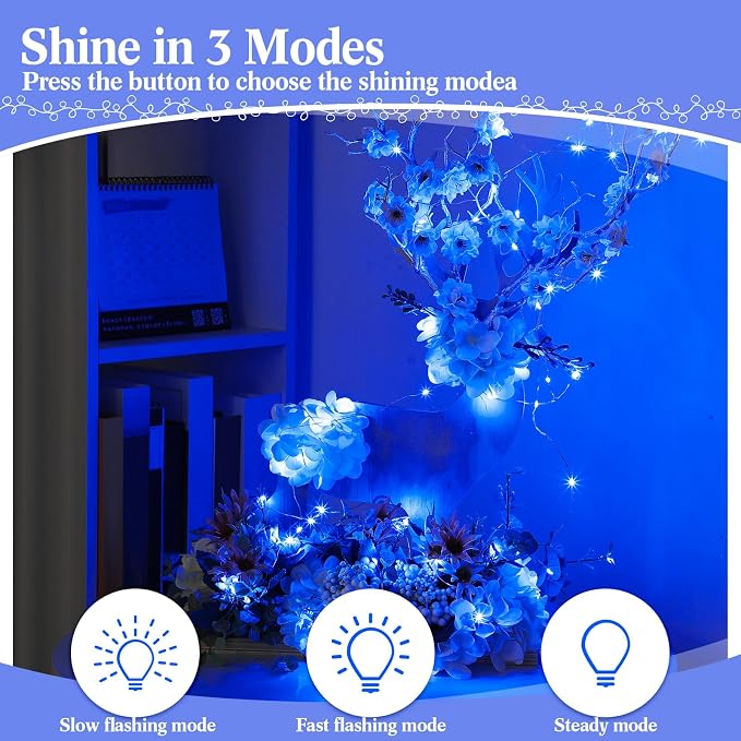 100 Packs Fairy Lights Battery Operated 3 Speed Modes, 7 Ft/ 2 M 20 LED Battery String Mini Waterproof Wire Twinkle Lights Bulk for Wedding Party Birthday Vases Decor (Blue Light)