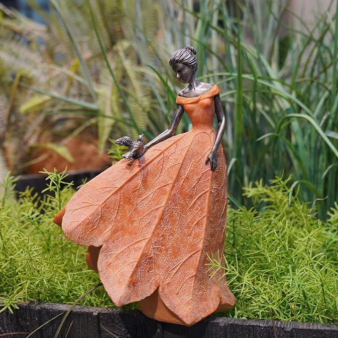 Guichifun Fairy Statue Orange Leaf Angel Girls Fall Decor | Resin, Outside or Inside, Rustic Garden Outdoor Yard, Gift 8.5 x 5.25 x 12 Inch