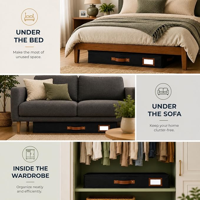 Under Bed Storage, Large 2pc with Lid, Black | Drawer-style pull-out design, Fits blankets, clothes, fabric & shoes, Bins with lids, Bedroom & closet storage