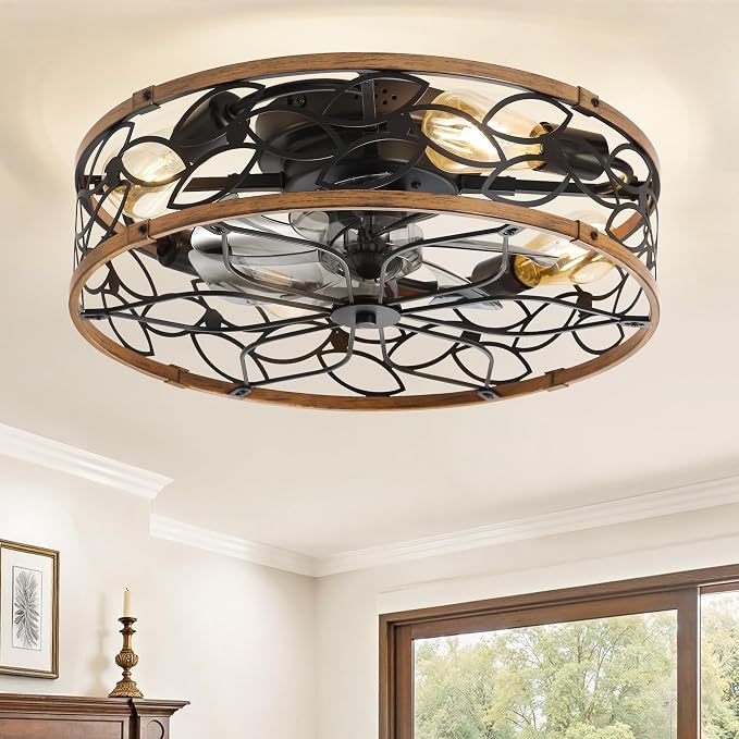 LEDIARY 20" Caged Ceiling Fan with Light, Flush Mount Fandalier with Remote | Low Profile, Farmhouse Small, Bladeless Industrial, Quiet DC Motor, App Control for Bedroom, Kitchen, Dining Room, Walnut