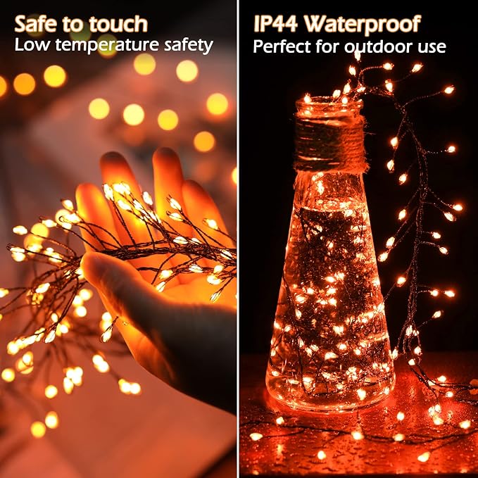 Halloween Fairy Lights Plug in, String Lights for Halloween Decorations | 10FT 200LEDs, 1 Pack with Remote, Orange, Waterproof Firecracker Lights for Ceiling Window Bar Haunted Theme Halloween Decor