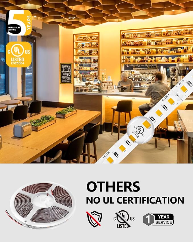 EMITEVER Warm White LED Strip Lights 2700K,16.4ft UL 24V Tape Light,600LEDs | Ra 95+,IP30,2.9W/ft,240+Lumens/ft,5 Year Warranty (Power Supply Sold Separately)for bedroom,living room,kitchen