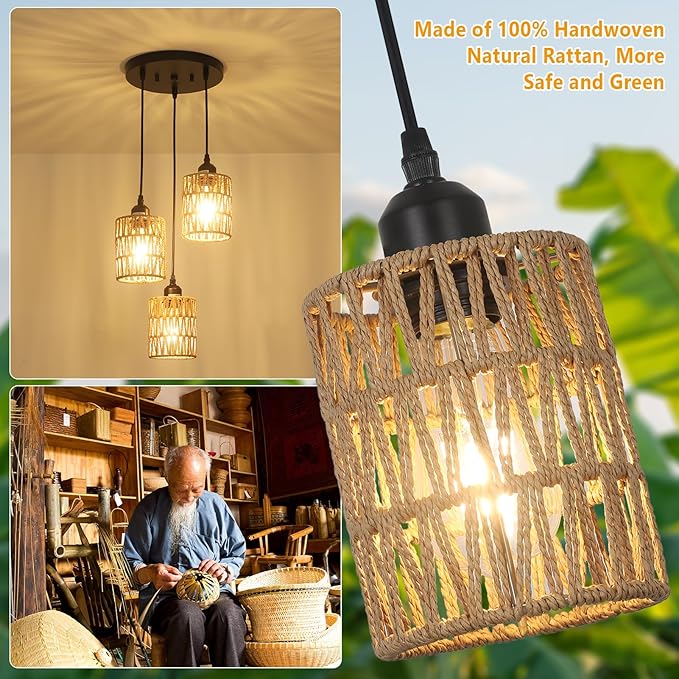 3 Lights Rattan Pendant Light, Farmhouse Dining Room Light Fixtures Ceiling Hanging, Boho Pendant Lighting with Hand Woven Wicker Shades for Kitchen Island Living Room Bedroom Foyer Hallway