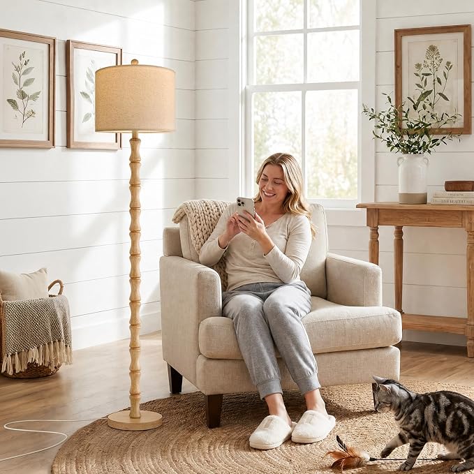 62" Farmhouse Floor Lamp for Living Room, Rustic Standing Lamp with Linen Shade and Rotary Switch, Tall Resin Corner Floor Lamp for Bedroom, Nursery, Office, Home Decor
