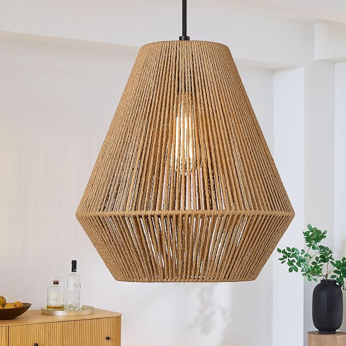 ELYONA Woven Pendant Lights Modern Boho Hanging Lamp with 12" Handwoven Rattan Basket Shade Adjustable Rustic Pendant Light Fixtures for Kitchen Island Farmhouse Dining Room Bar Bedroom Foyer Hallway