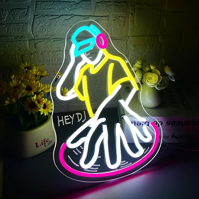 DJ Player Neon Sign for Wall Decor Dimmable DJ Neon Light for Man Cave Record Player Birthday Gifts for Lovers LED Rock Music Sign for Music Room Studio Bedroom Bar 14.5 * 10.9In (WZCP223)
