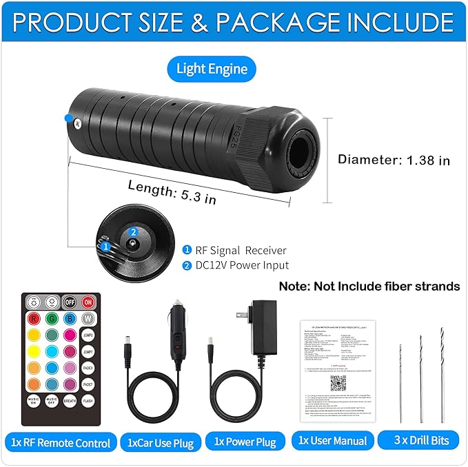 6W Fiber Optic Light Engine for Starlight Headliner, Bluetooth App/RF Remote Control with Music Mode, Car Plug & Power Adapter, PG Connector & 3 Drill Bits