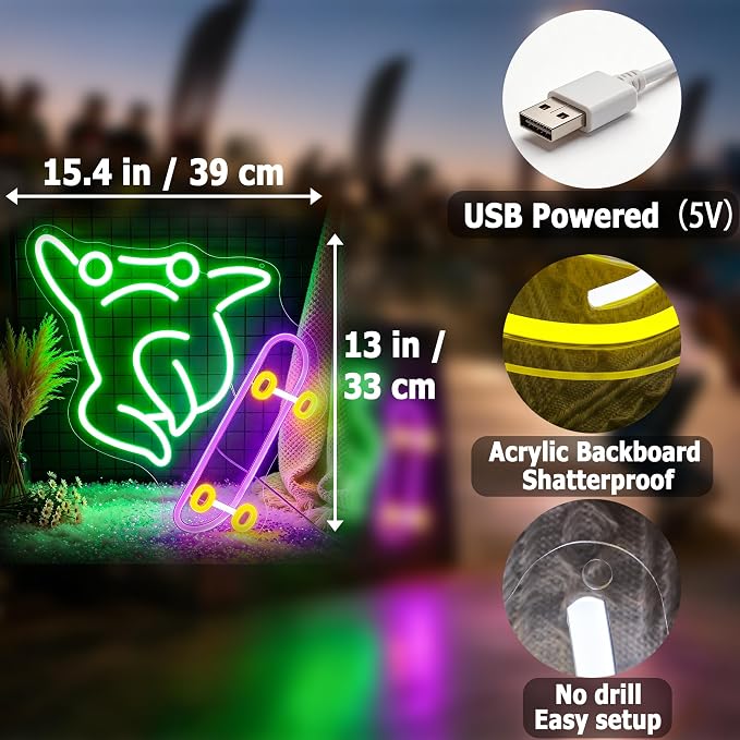 Frog Neon Lights Signs Neon Sign Led Sign Light for Wall Decor | Skateboard Frog Neon Sign for Room Decor,Man Cave Decoration,Dormroom,Wall Decor,Gift,5V USB Powered Dimmable