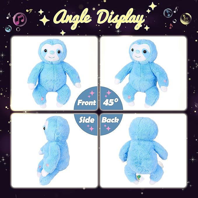 Hopearl LED Musical Plush Sloth Light up Stuffed Animal Three Toed Sloth Floppy Night Lights Glow in The Dark Birthday Festival for Kids Toddlers, Blue, 12.5''