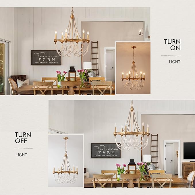 Boho Beaded Chandelier Farmhouse Rustic Candle Style Hanging Light Fixtures French Country Chandeliers Lighting for Dining Room Foyer Kitchen Entryway Antique Gold Chandelier 6-Lights W25.6