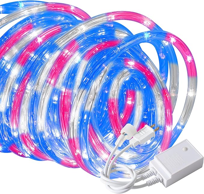 Waterproof LED Rope Lights, Connectable & Flexible with 8 Modes, Outdoor Lighting for Deck, Garden, Pool, Patio & Christmas Decor (Red/Blue/White, 20ft)