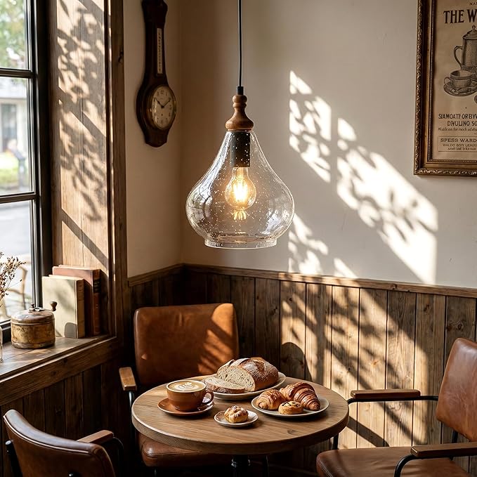 Farmhouse Teardrop Pendant Light for Kitchen Island, Brown Pine Wood and Seeded Glass Shade Hanging Light Fixture, Adjustable Cord, Rustic Dining Room, Coffee Shop and Bar