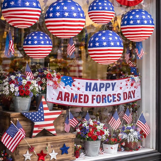 Mudra Crafts 12 In 10 American Flag Paper Lanterns Red White Blue Decorations for Armed Forces & Memorial Day Décor - USA Citizenship Event Patriotic Decorations