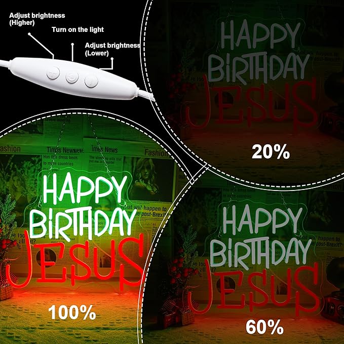 Happy Birthday Jesus Neon Sign for Wall Decor, Green & Red LED Neon Light Signs, Lighted Wall Art Decoration Neon Light, USB Powered for Ceremony Party Bar Home Birthday Bible Church Decor Gift
