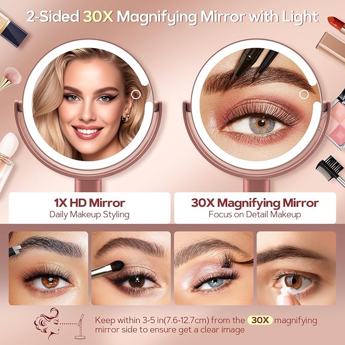 Makeup Mirror with Lights, Lighted Magnifying Mirror 30X with 3 Lighting and Adjustable Brightness, 2-Sided Height Adjustable Vanity Mirror for Bathroom, Gifts for Women Rose Gold