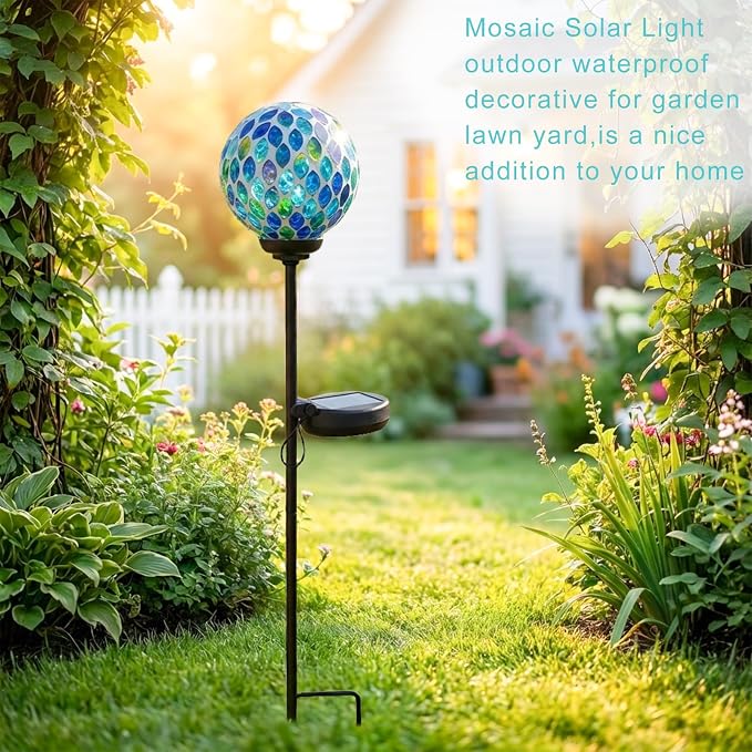 VCUTEKA Decorative Solar Garden Lights, 3.5" Mosaic Globe Outdoor Stake | Mosaic Glass Globe Design, Solar LED Light, Waterproof Design, Auto On/Off and Metal Stake Design for Lawn and Patio