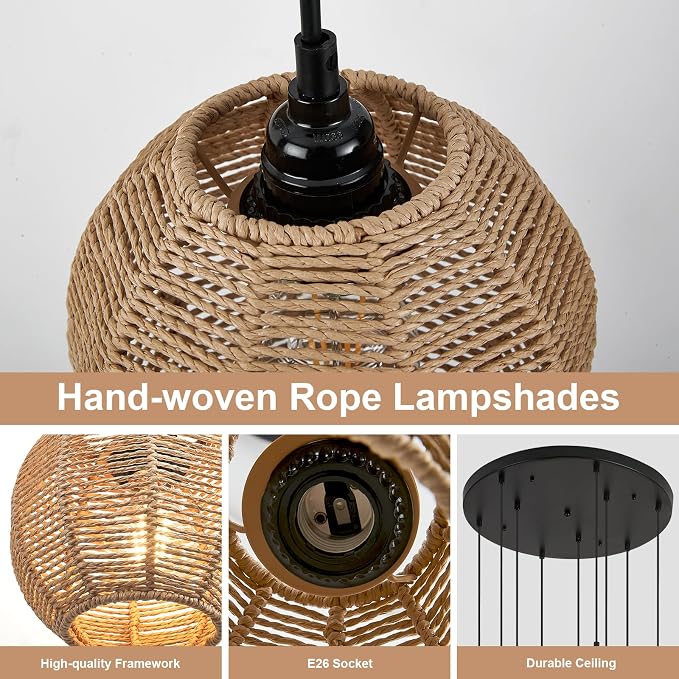 Round 9 Light Boho Pendant Light Rattan Hanging Lamp | Hand Woven Wicker Small Chandelier Hanging Lights Fixture for Bedroom Kitchen Hallway Foyer