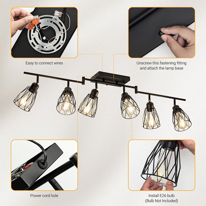 6-Light Plug in Track Lighting with Power Cord, Black (No Bulbs) | Plug in Ceiling Light Flush Mount, LED Track Lighting Fixtures for Kitchen Farmhouse, E26 Track Light Kit with Metal Cage