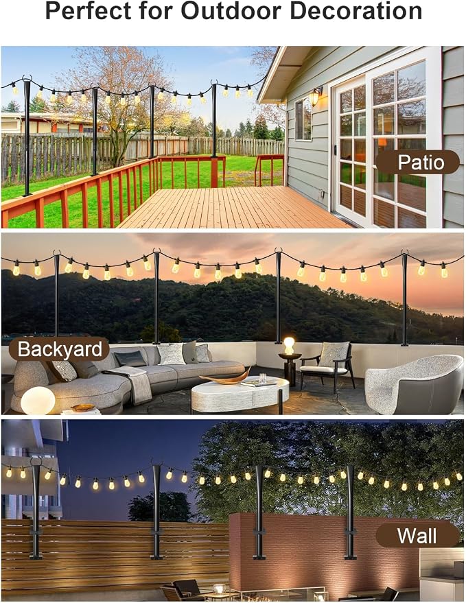 6 Pack String Light Poles for Deck, 5Ft Heavy-Duty Metal Deck Light Poles for Outside with Fixing Clips, Lighting Hanging Post Accessories for Patio Decor Garden Backyard Yard Fence Porch Decorations