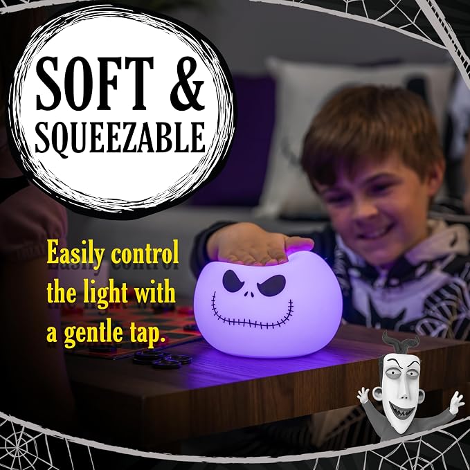 Disney Squish'ems Jack Skellington Night Light for Kids, Soft Silicone | 13 Color Modes and Dimmable Warm White Light for Kids Room, Bedroom, and Playroom, USB Powered with AAA Battery Option