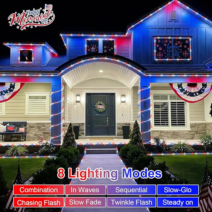 QITONG Red White Blue Solar Rope Lights, 2 Pack Each 33ft 100 LED 4th of July Lights Outdoor, 8 Modes Fairy Lights in Clear Thin Tube for Patriotic Independence Memorial Day Decor
