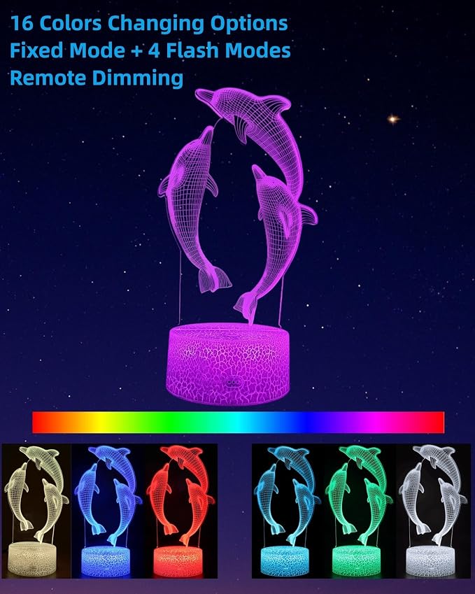 Dolphin 3D Illusion Night Light, Sea Animal Gift, 2 Patterns | 16 Colors Changing, Dimmable, Touch & Remote Control, Birthday Christmas Gift Lamp Toy for Boy Girl Toddler Kid Women