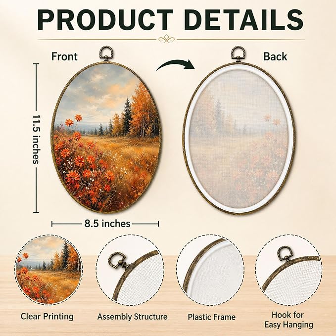 Fall Floral Oval Wall Art, Framed Canvas Decor, 8.5x11.5 Inch | Orange wildflowers, golden meadow, birch trees and rustic autumn landscape decor