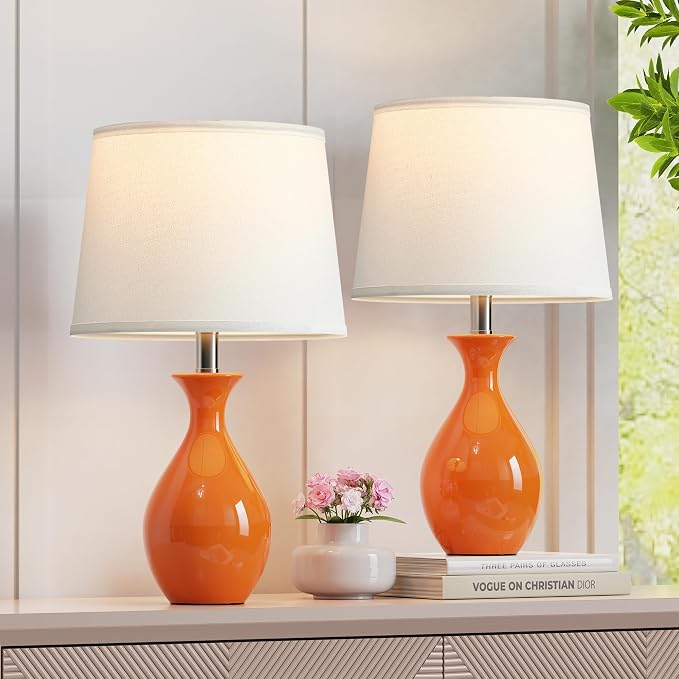 Table Lamp Set of 2, Modern Ceramic Bedside Lamps for Night Stands, Classic Small Lamp Nightstand Lamp for Bedroom Living Room Desk End Table Rocker Swtich Orange