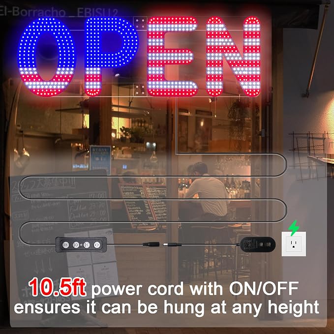30"x10" Open Sign, LED Open Sign for Business, Ultra Bright Dimmable with 3 Scene Modes, Large Illuminated Business Sign for Storefront Window, Cafe, Bar, Restaurant, Salon (US Flag Design)