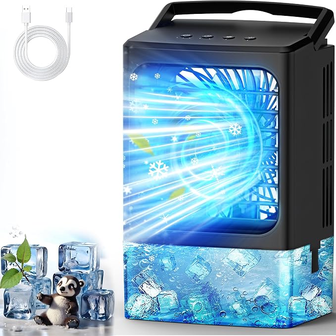 Mini Air Conditioner,Portable Air Conditioners,Evaporative Air Cooler Humidifier, 3 Speed Quiet Personal Cooling Fan, 7-Color LED Night Light, 4/8H Timer for Bedroom, Office, Camping, Room,Home