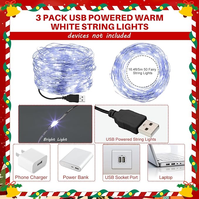 Macarrie 3 Pcs White Fairy Lights USB Powered 16 ft 50 LED String Lights Plug in for Indoor Outdoor Bedroom DIY Party Wedding Home Festival Tree Garden Xmas Decoration