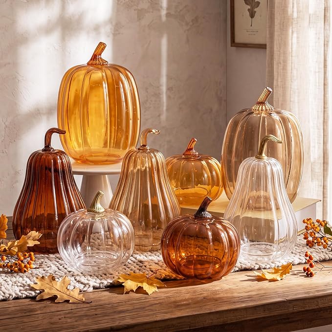 Yungyan Set of 3 Glass Pumpkin Lamp Shades Fall Decor,Light Brown | Pumpkin Candle Holder Rustic Thanksgiving Halloween Autumn Mantel Table Centerpiece Home Decoration, Lights Not Included