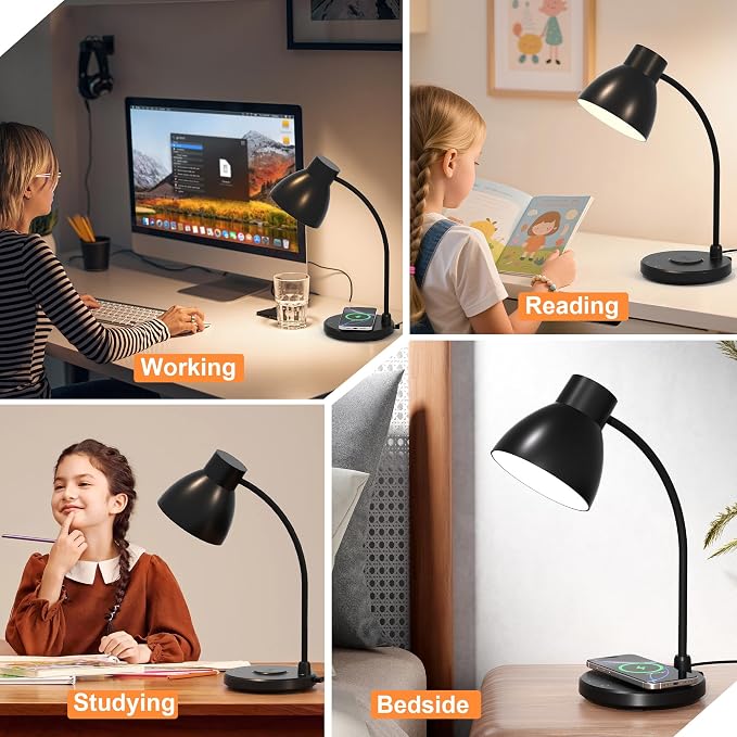 LED Desk Lamp for Home Office with Wireless Charger, Matte Black | 3 Color Modes Dimmable Eye-Caring Study Reading Dorm Desk Lamp, 360° Flexible Arm Table Lamp for College Dorm Room, 800 Lumen