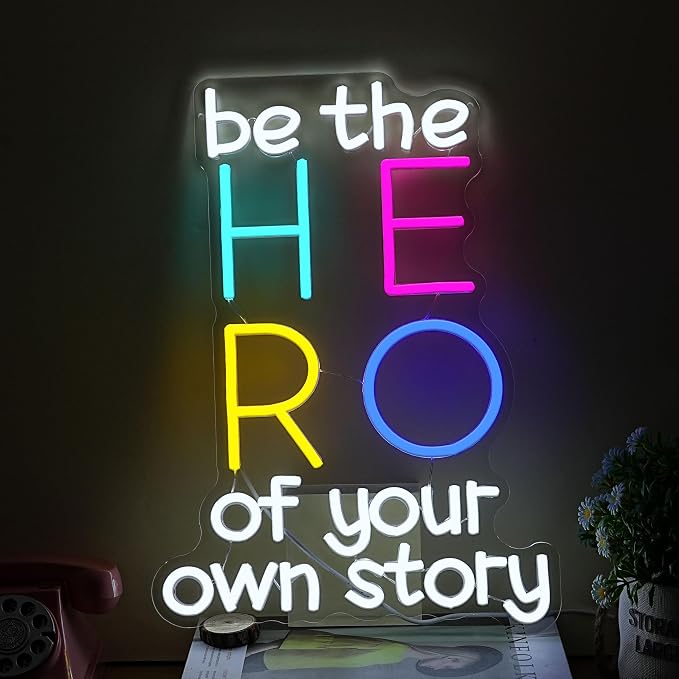 Be The Hero Of Your Own Story Neon Sign Dimmable Be The Hero Neon LED Light Empowering Letters Light LED Sign for Wall Decor Bedroom Classroom Library Shop(11.8 * 16.54In)