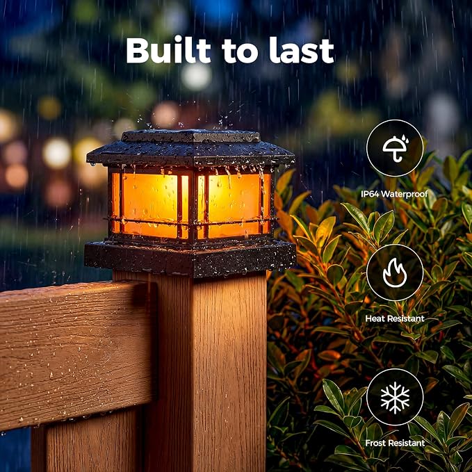 JOFIOS Flickering Flame Solar Post Cap Lights Outdoor, Black Post Lights with 3 Color Temperature, Fits 3.5" 4" 4.5" 5" Wood/Vinyl Posts, IP64 Waterproof Fence Deck Lights for Garden Patio Yard 12Pack