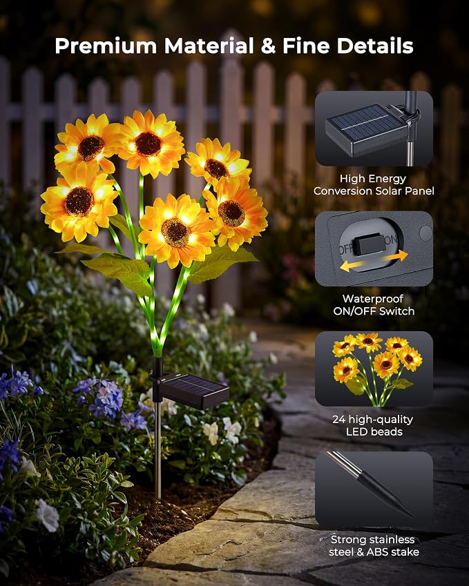 Brightown 3 Pack 6 Head Solar Sunflower Garden Stake Lights Waterproof | 18 glowing stem sunflowers, waterproof solar powered, auto on off decorative stakes for yard, patio, lawn outdoor decoration